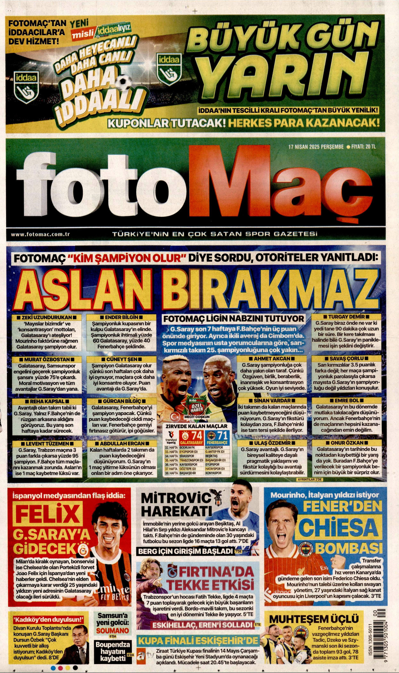 FOTOMAÇ gazetesinin 17 Nisan 2025 tarihli birinci sayfası