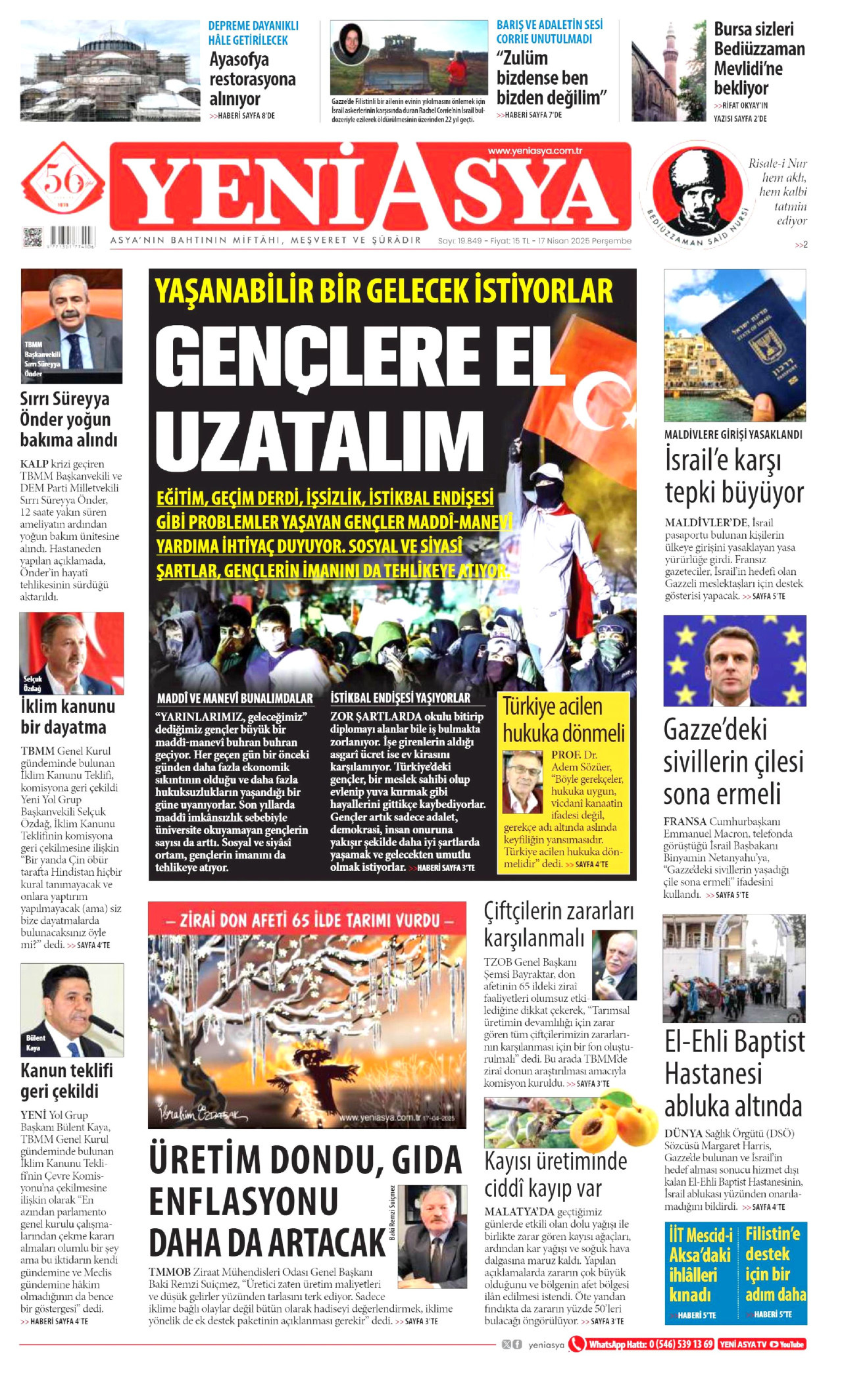 YENİ ASYA gazetesinin 17 Nisan 2025 tarihli birinci sayfası