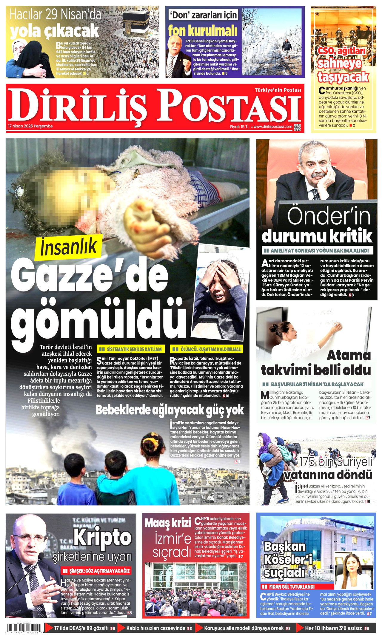 DİRİLİŞ POSTASI gazetesinin 17 Nisan 2025 tarihli birinci sayfası