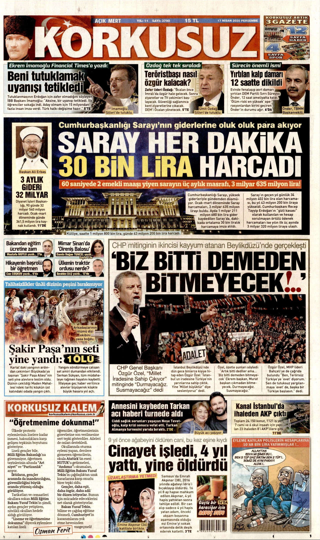 KORKUSUZ gazetesinin 17 Nisan 2025 tarihli birinci sayfası