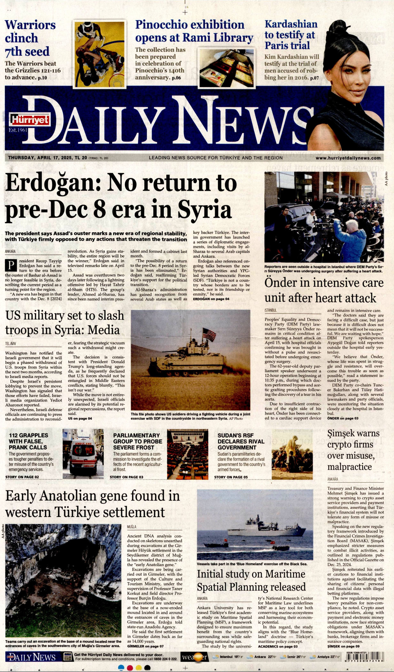 HÜRRİYET DAİLY NEWS gazetesinin 17 Nisan 2025 tarihli birinci sayfası