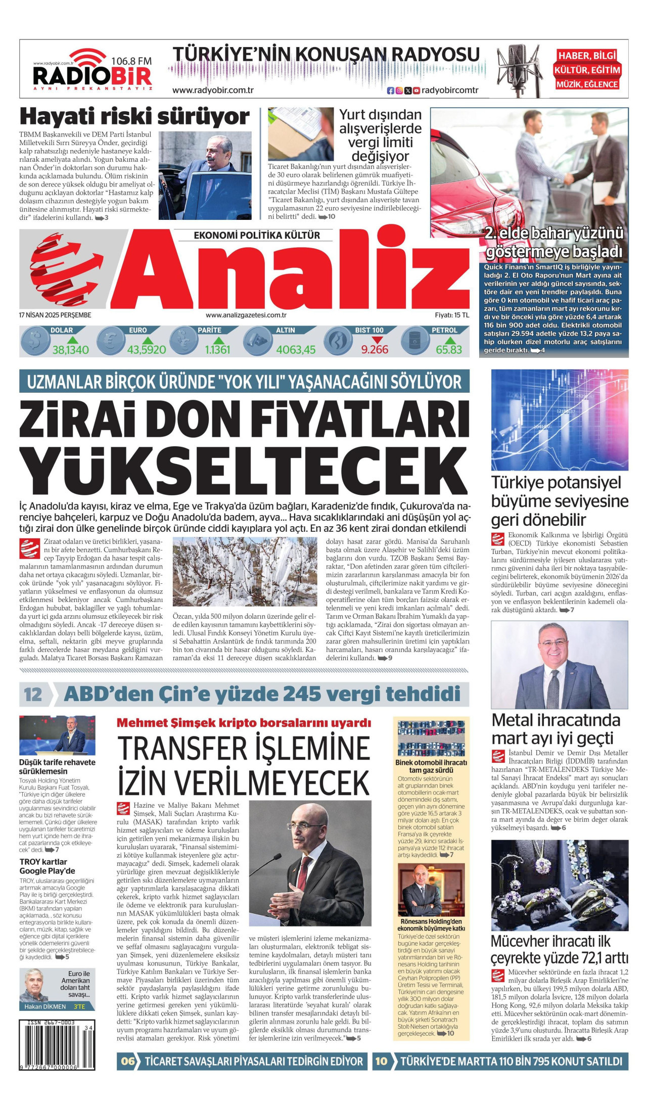 ANALİZ gazetesinin 17 Nisan 2025 tarihli birinci sayfası