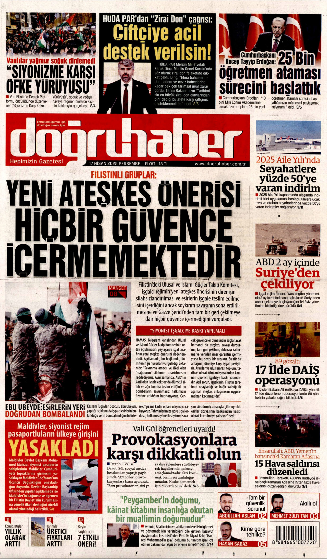DOĞRU HABER gazetesinin 17 Nisan 2025 tarihli birinci sayfası