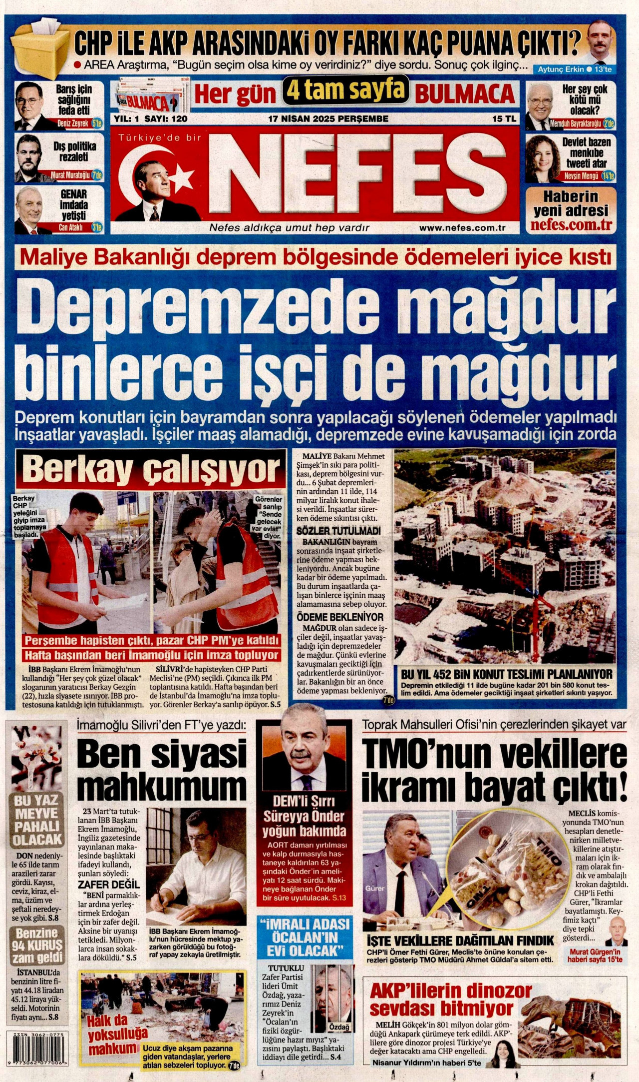 NEFES gazetesinin 17 Nisan 2025 tarihli birinci sayfası
