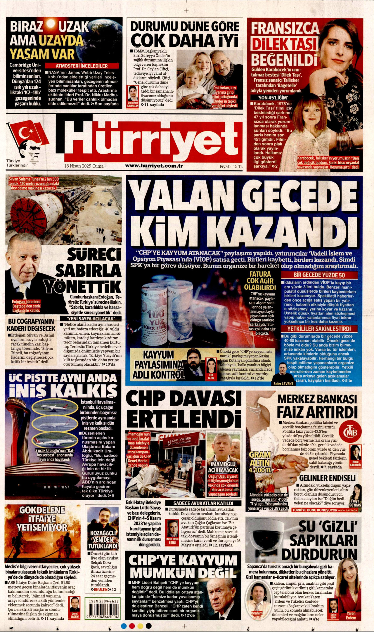 HÜRRİYET gazetesinin 18 Nisan 2025 tarihli birinci sayfası