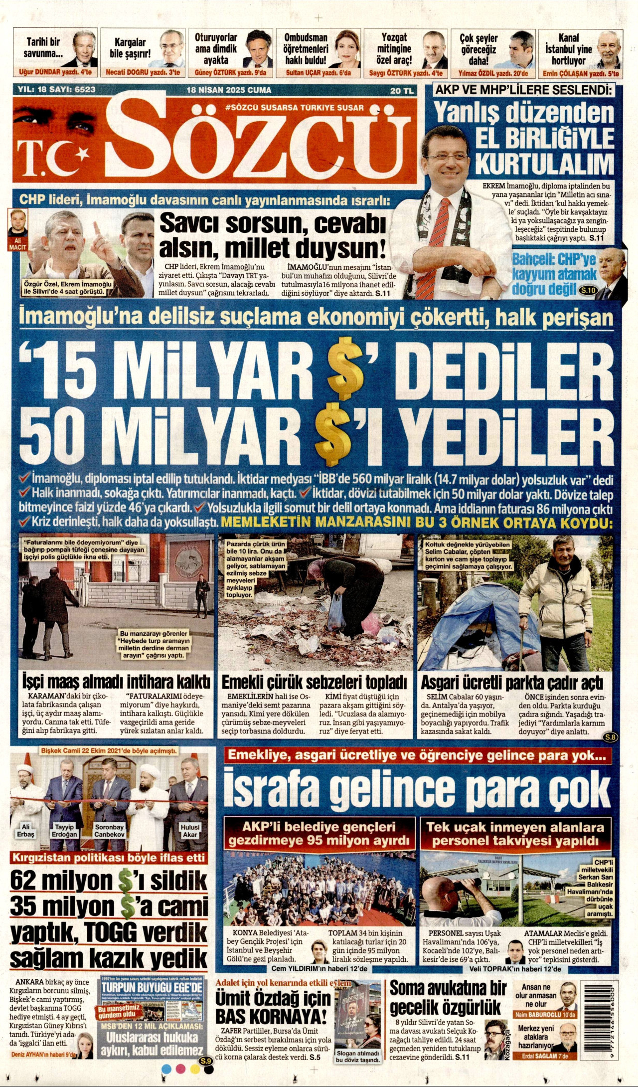 SÖZCÜ gazetesinin 18 Nisan 2025 tarihli birinci sayfası