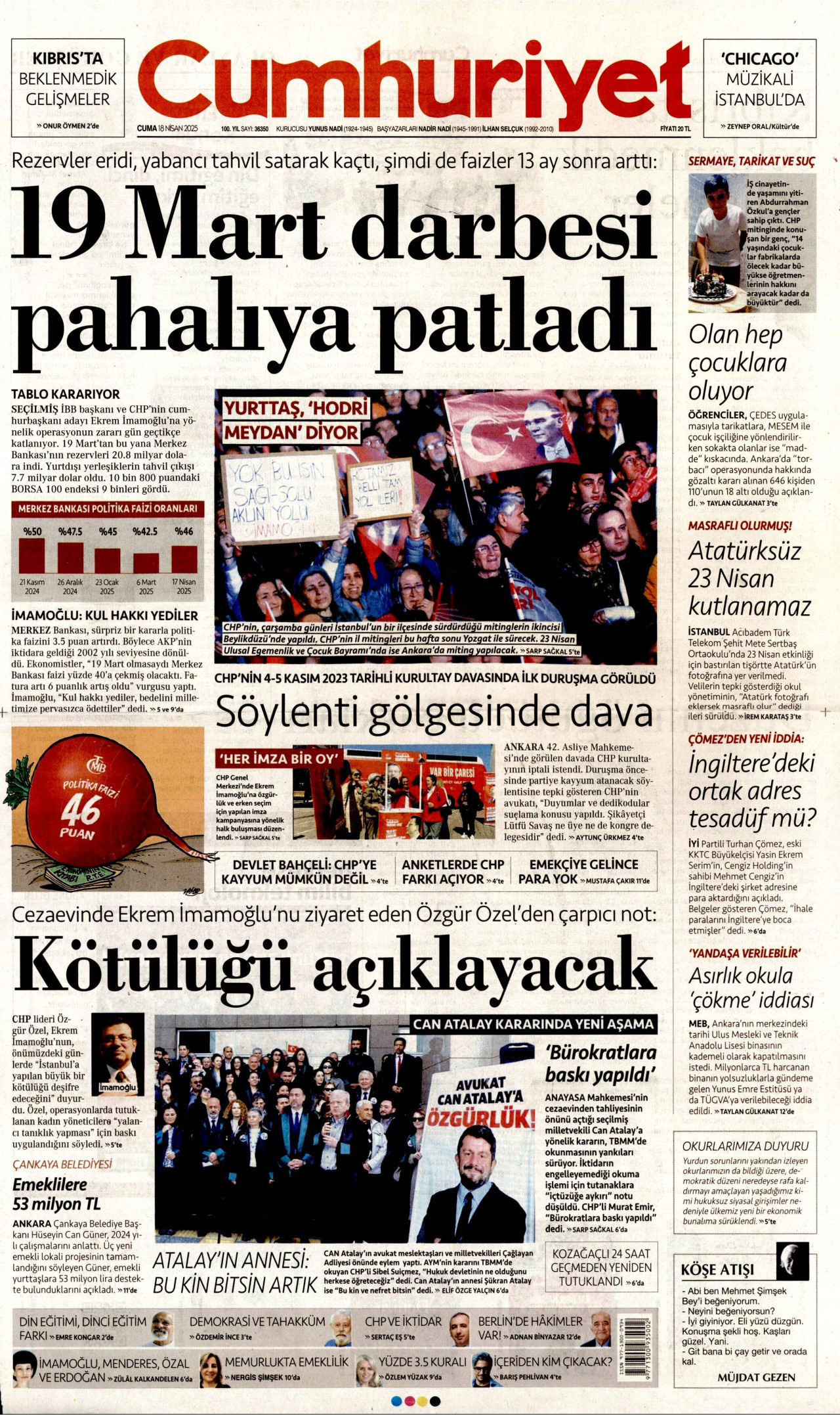 CUMHURİYET gazetesinin 18 Nisan 2025 tarihli birinci sayfası