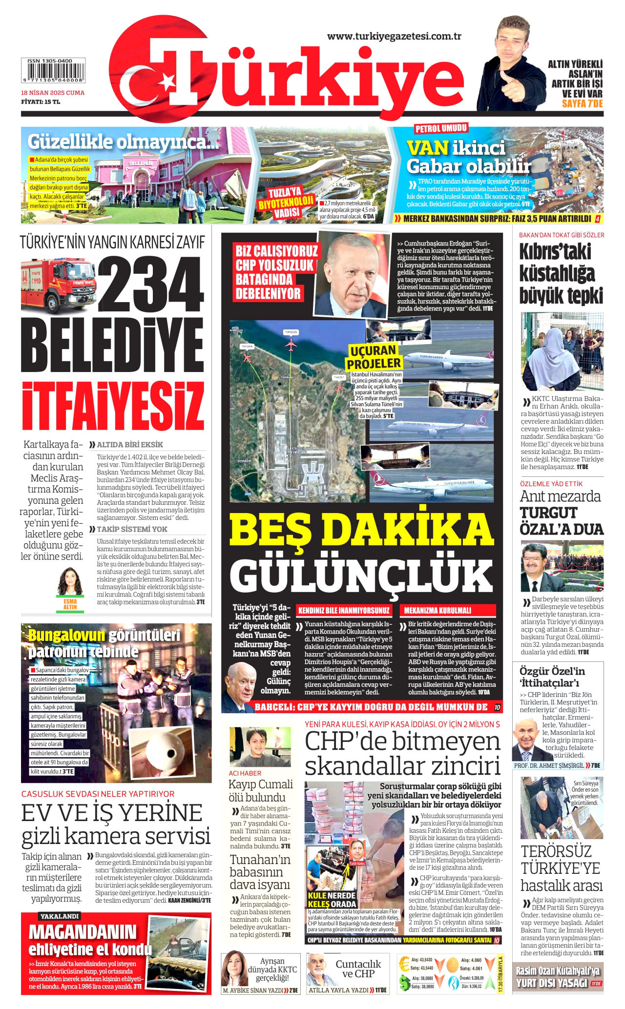 TÜRKİYE GAZETESİ gazetesinin 18 Nisan 2025 tarihli birinci sayfası