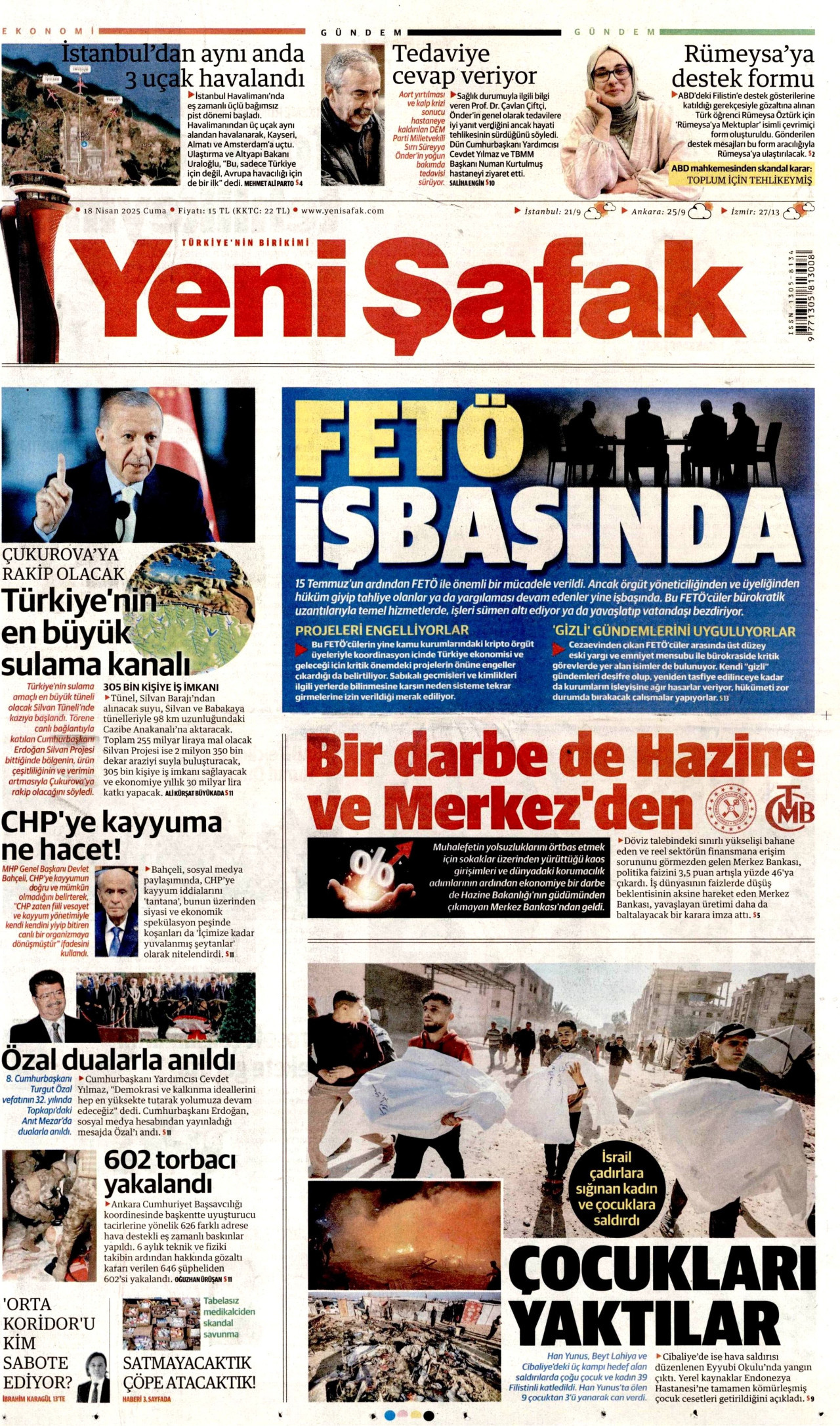YENİ ŞAFAK gazetesinin 18 Nisan 2025 tarihli birinci sayfası