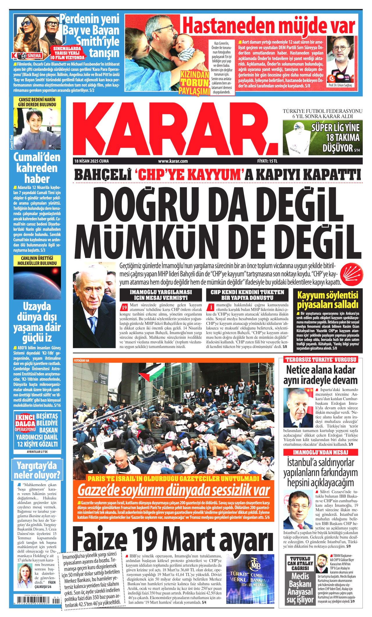 KARAR gazetesinin 18 Nisan 2025 tarihli birinci sayfası
