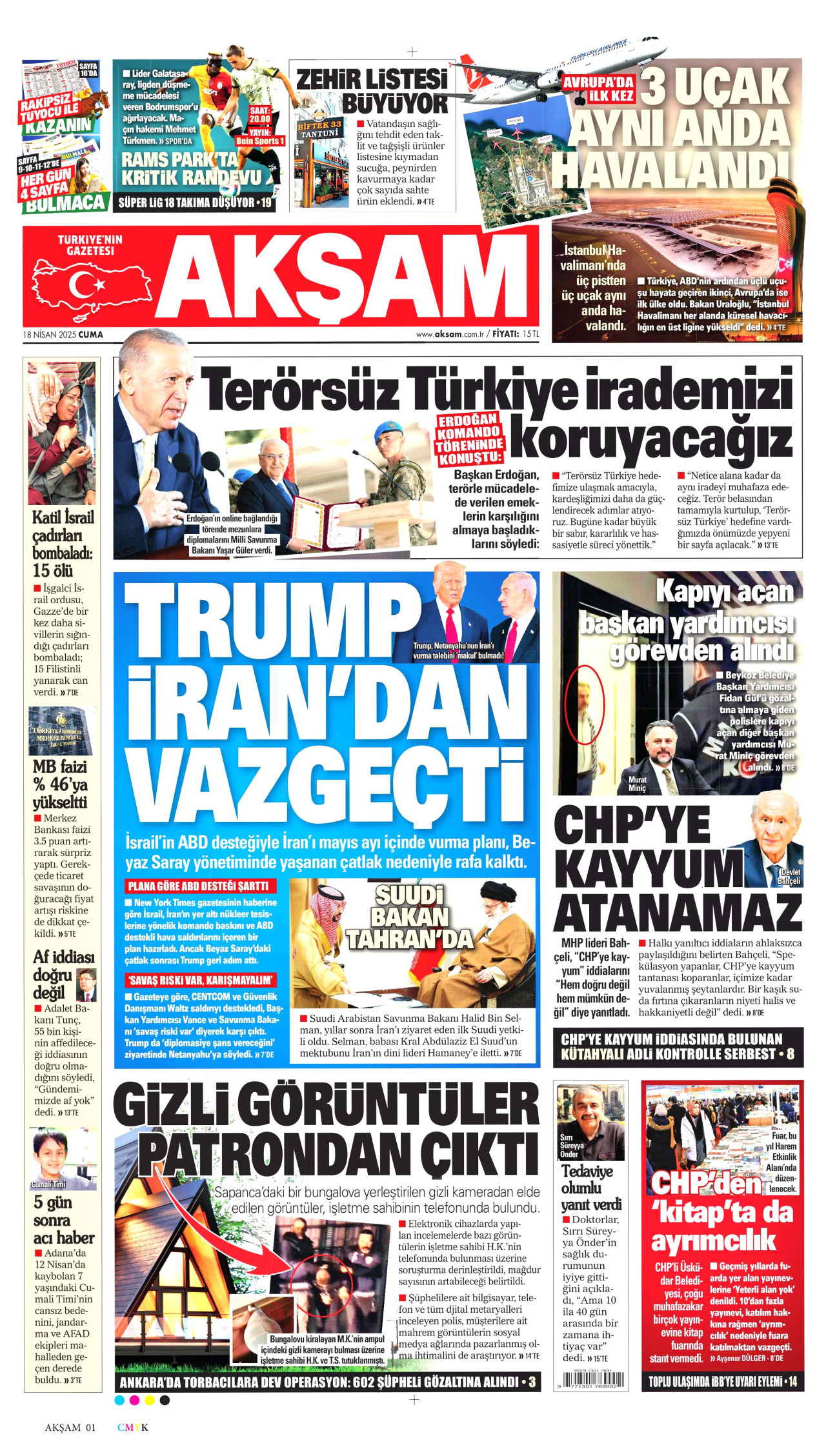 AKŞAM gazetesinin 18 Nisan 2025 tarihli birinci sayfası