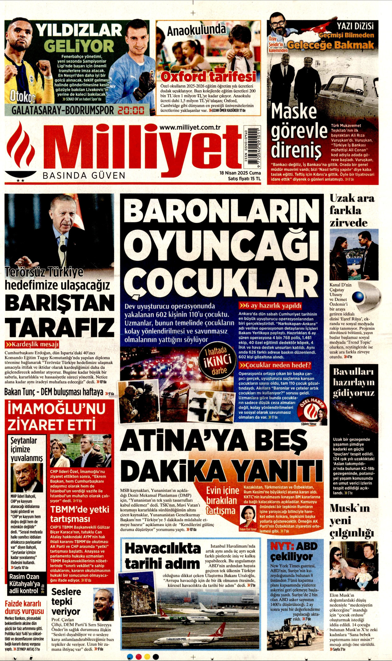 MİLLİYET gazetesinin 18 Nisan 2025 tarihli birinci sayfası
