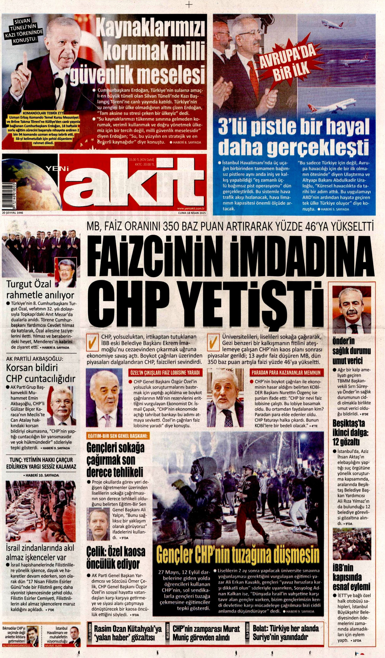 YENİ AKİT gazetesinin 18 Nisan 2025 tarihli birinci sayfası