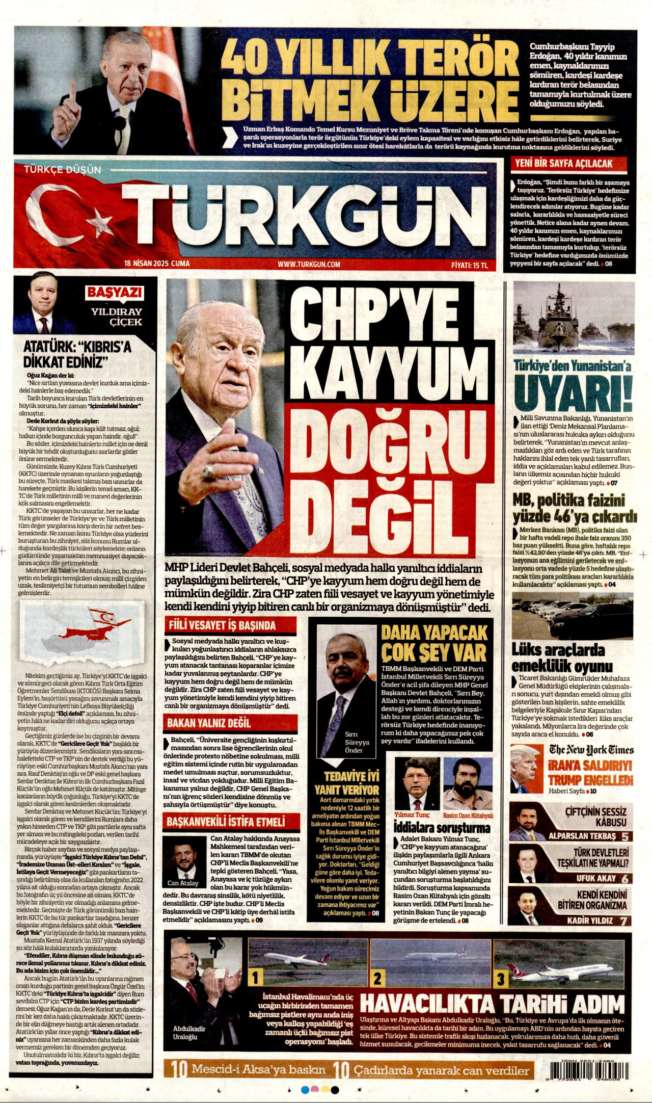 TÜRKGÜN gazetesinin 18 Nisan 2025 tarihli birinci sayfası