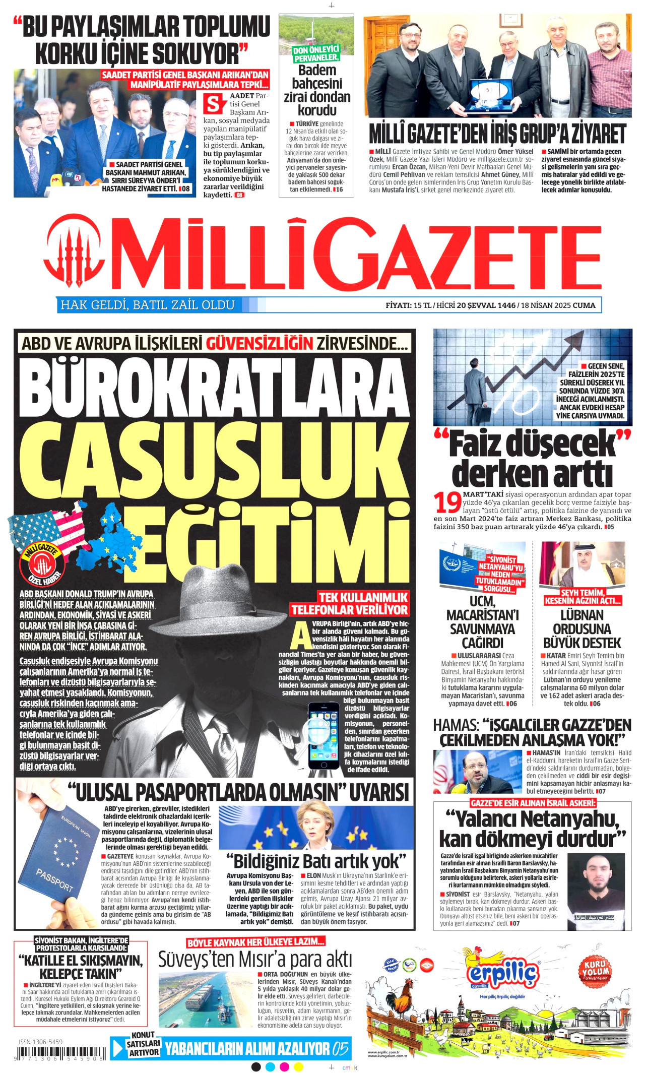 MİLLİ GAZETE gazetesinin 18 Nisan 2025 tarihli birinci sayfası