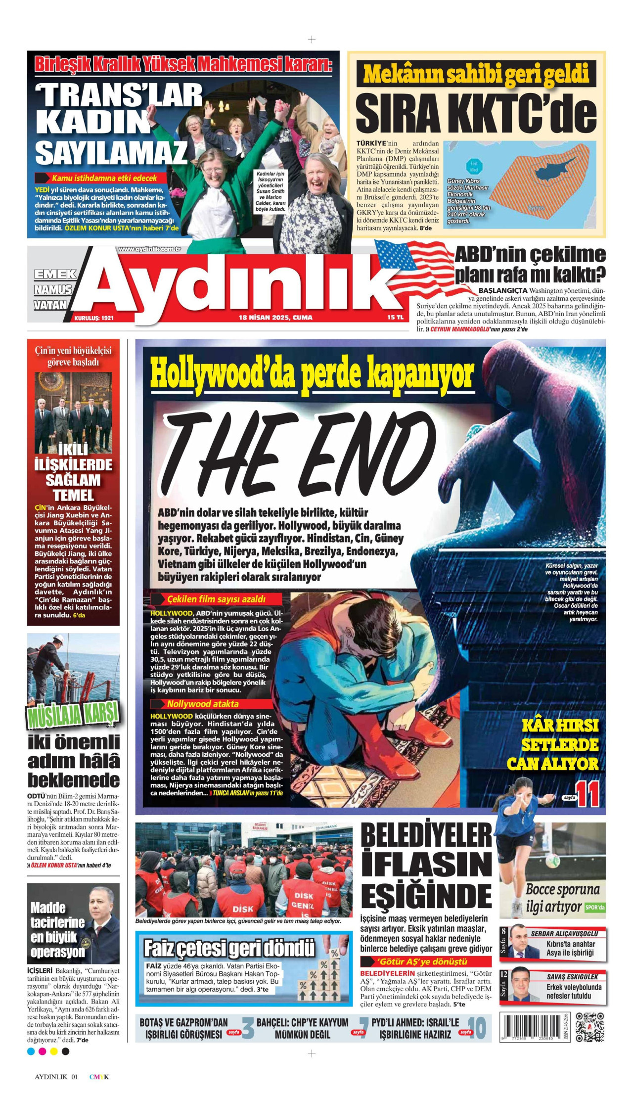 AYDINLIK GAZETESİ gazetesinin 18 Nisan 2025 tarihli birinci sayfası