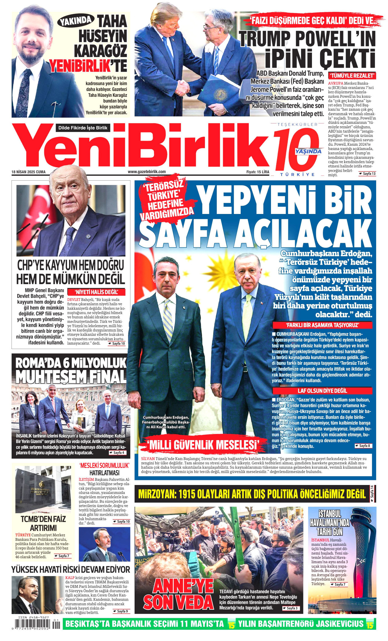 YENİBİRLİK gazetesinin 18 Nisan 2025 tarihli birinci sayfası