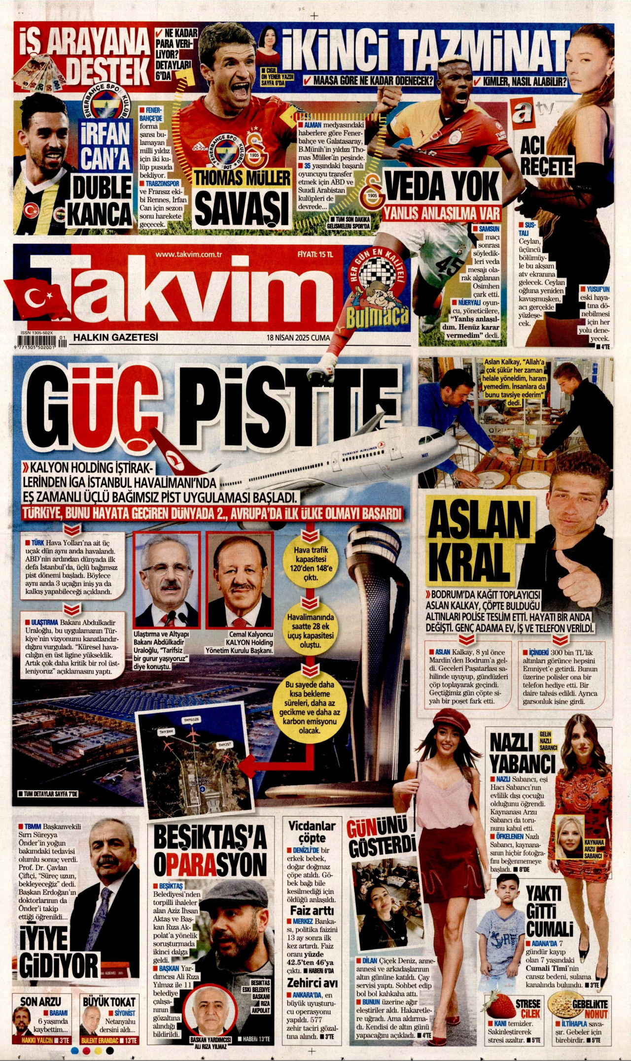 TAKVİM gazetesinin 18 Nisan 2025 tarihli birinci sayfası
