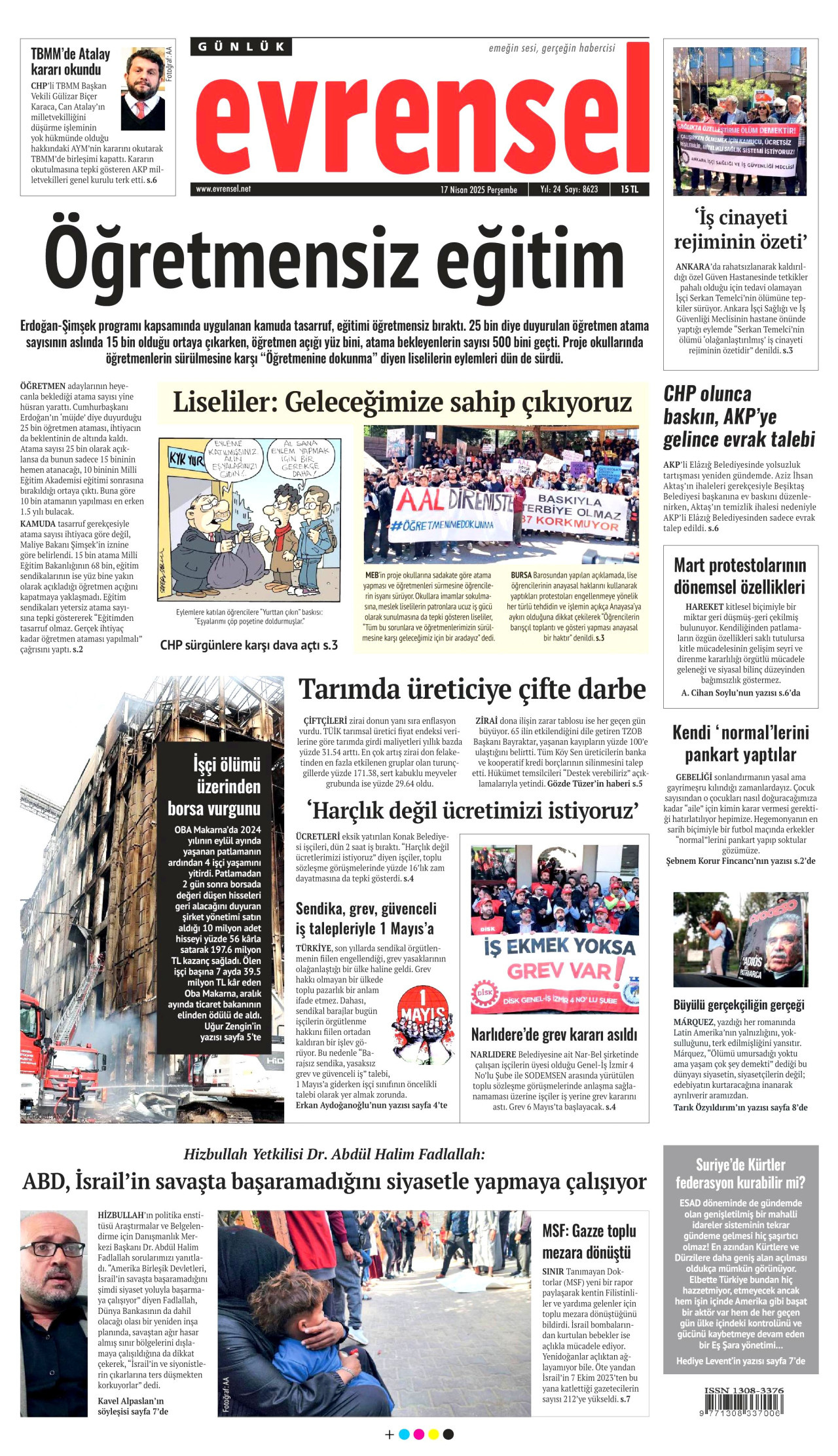 EVRENSEL gazetesinin 18 Nisan 2025 tarihli birinci sayfası