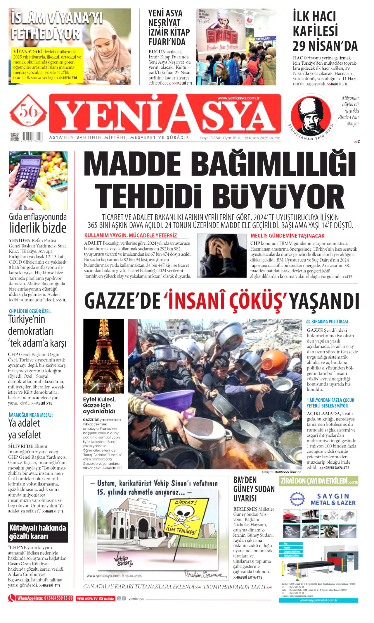 YENİ ASYA gazetesinin 18 Nisan 2025 tarihli birinci sayfası