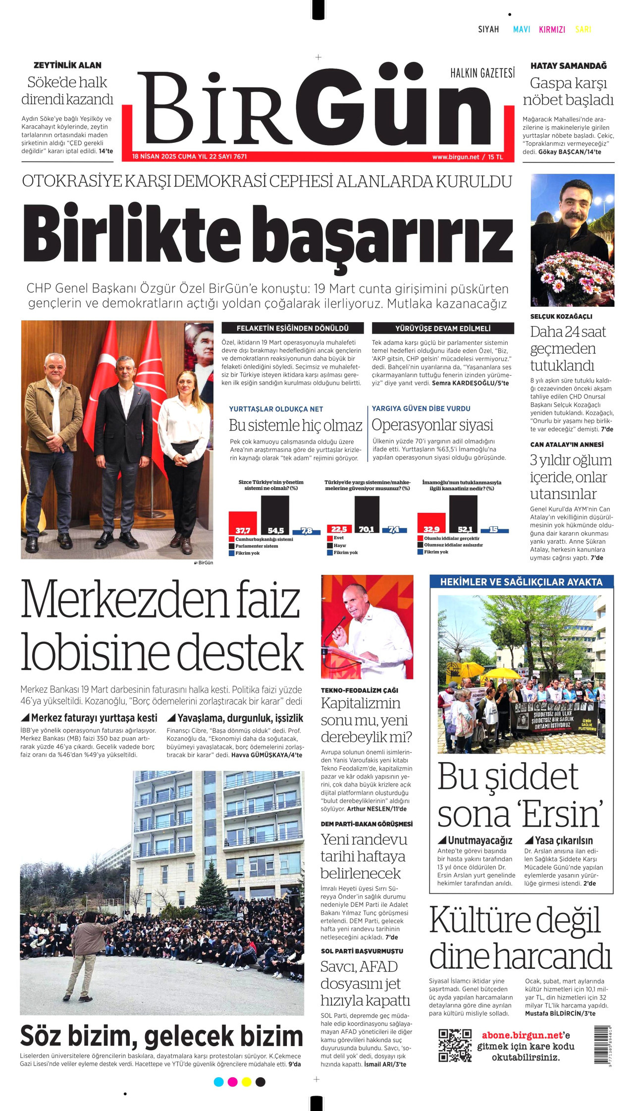 BİRGÜN gazetesinin 18 Nisan 2025 tarihli birinci sayfası