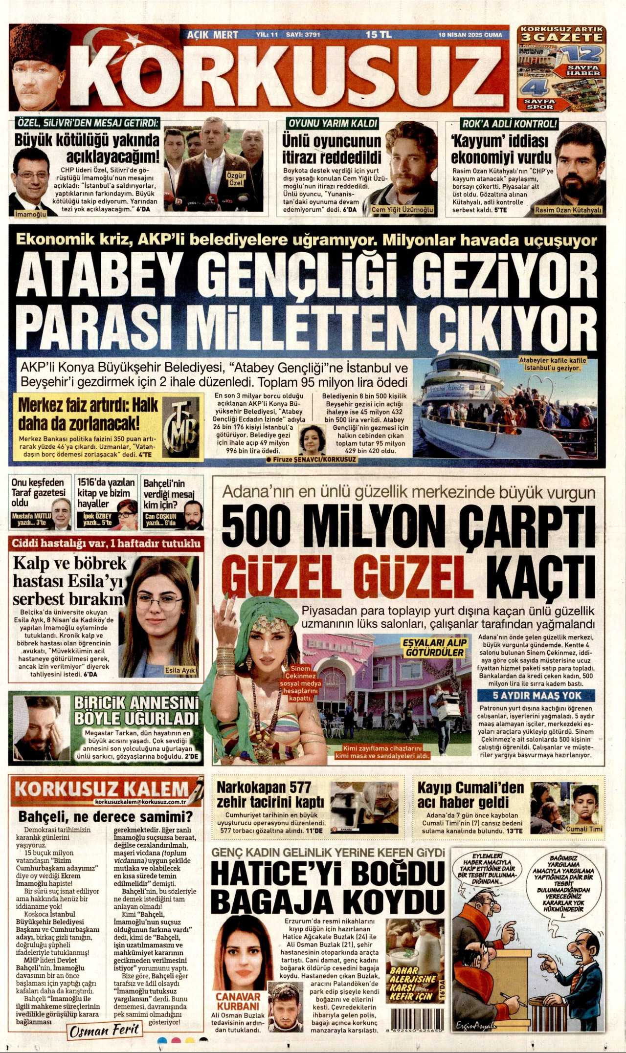 KORKUSUZ gazetesinin 18 Nisan 2025 tarihli birinci sayfası