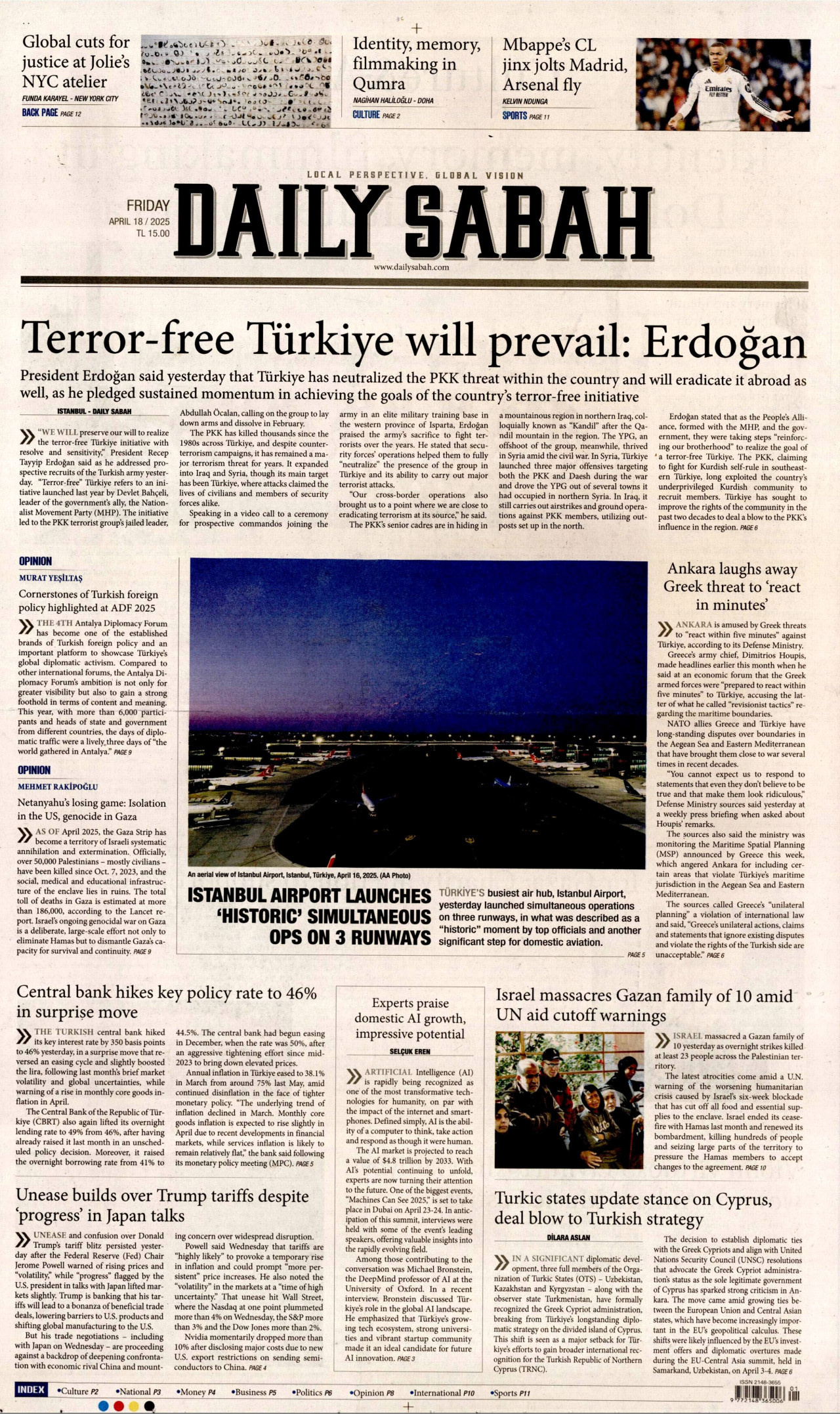 DAİLY SABAH gazetesinin 18 Nisan 2025 tarihli birinci sayfası