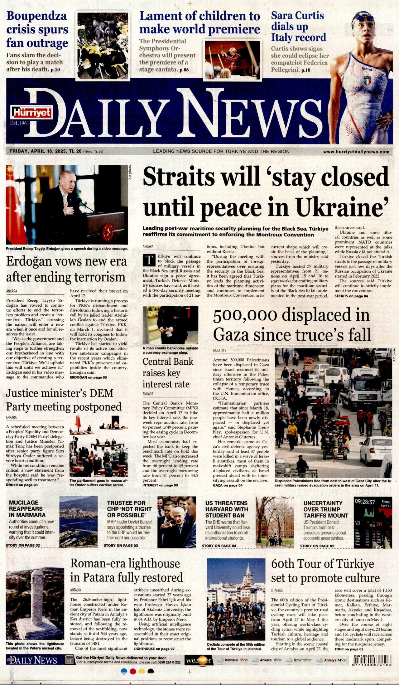 HÜRRİYET DAİLY NEWS gazetesinin 18 Nisan 2025 tarihli birinci sayfası