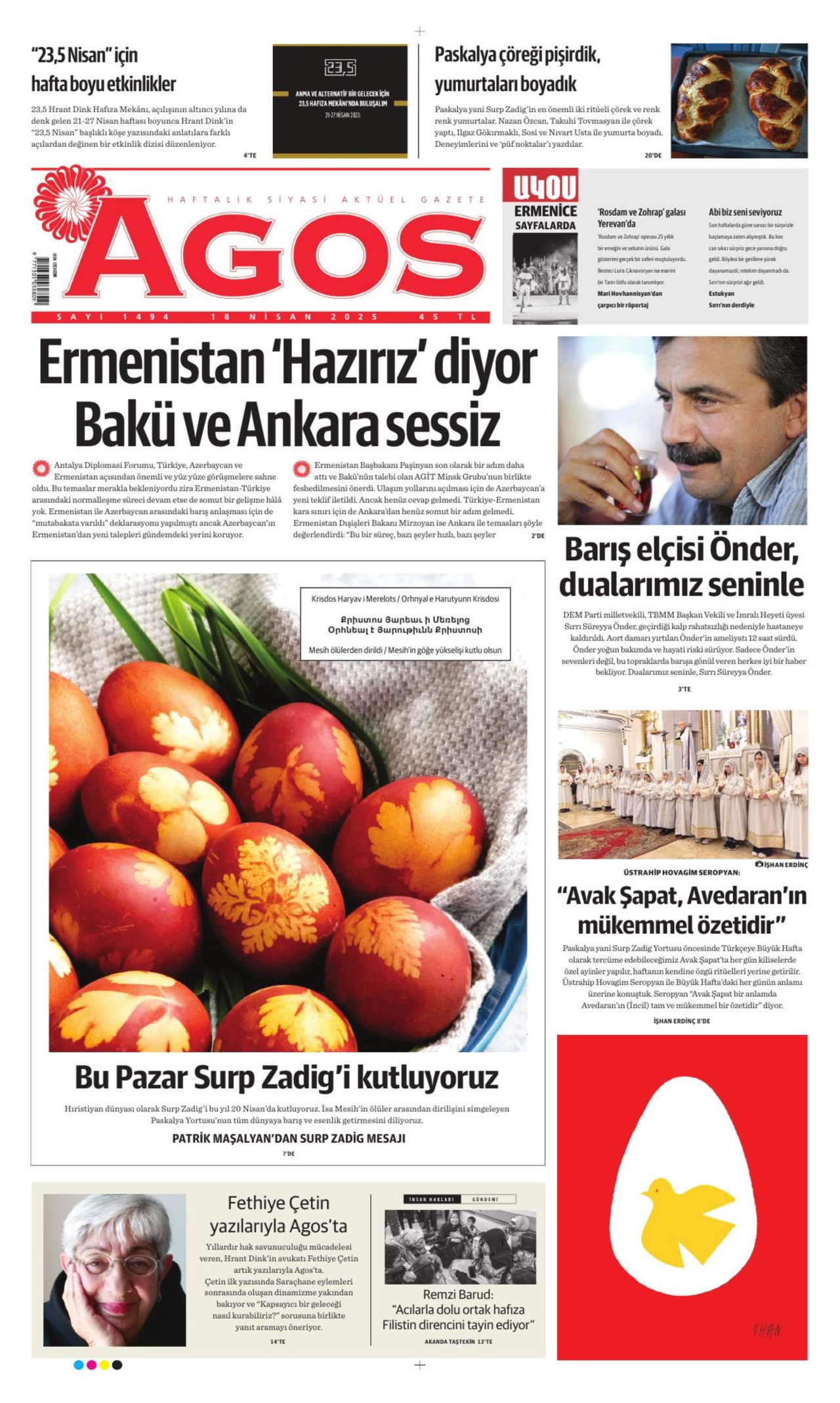 AGOS gazetesinin 18 Nisan 2025 tarihli birinci sayfası