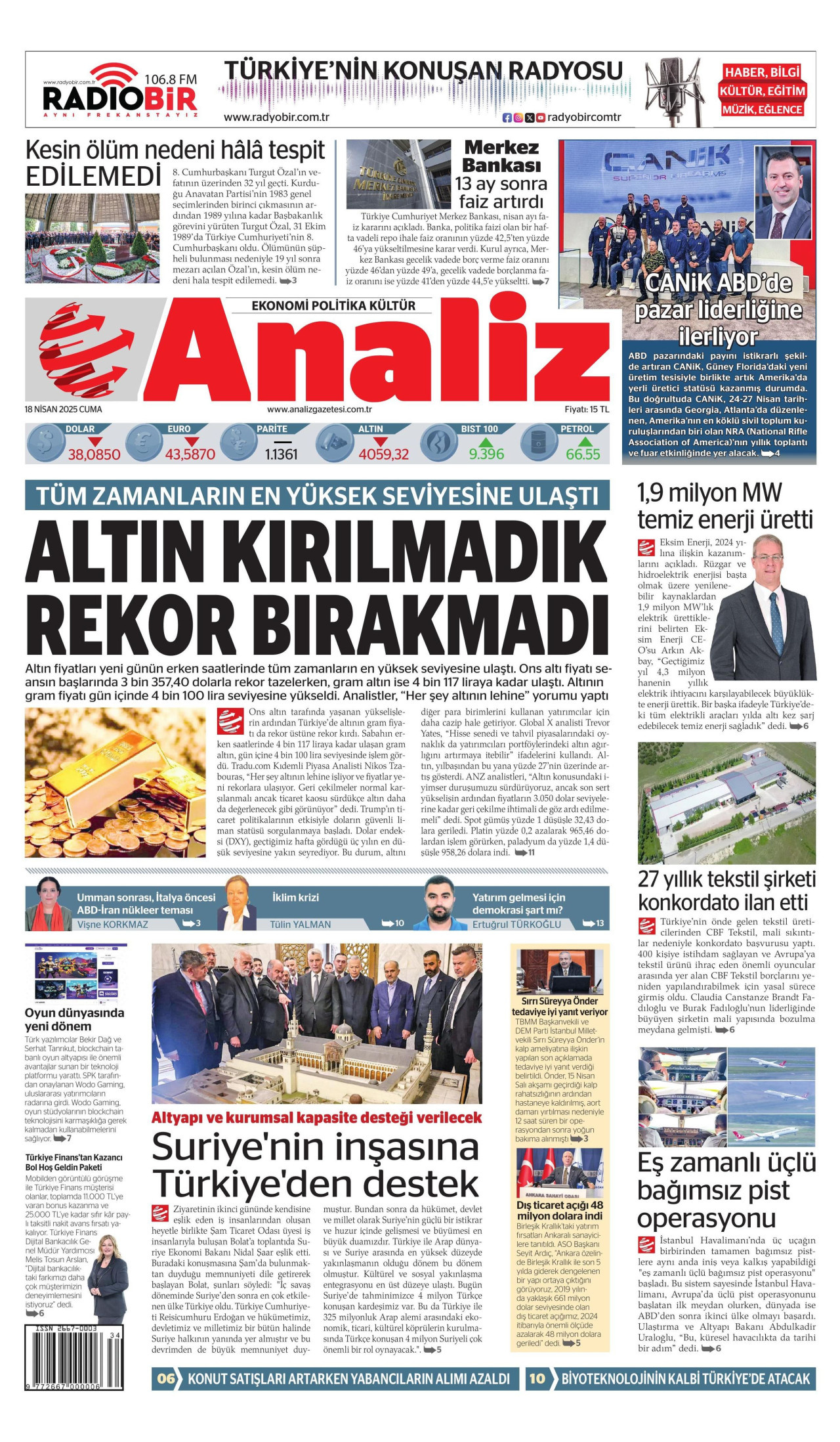 ANALİZ gazetesinin 18 Nisan 2025 tarihli birinci sayfası