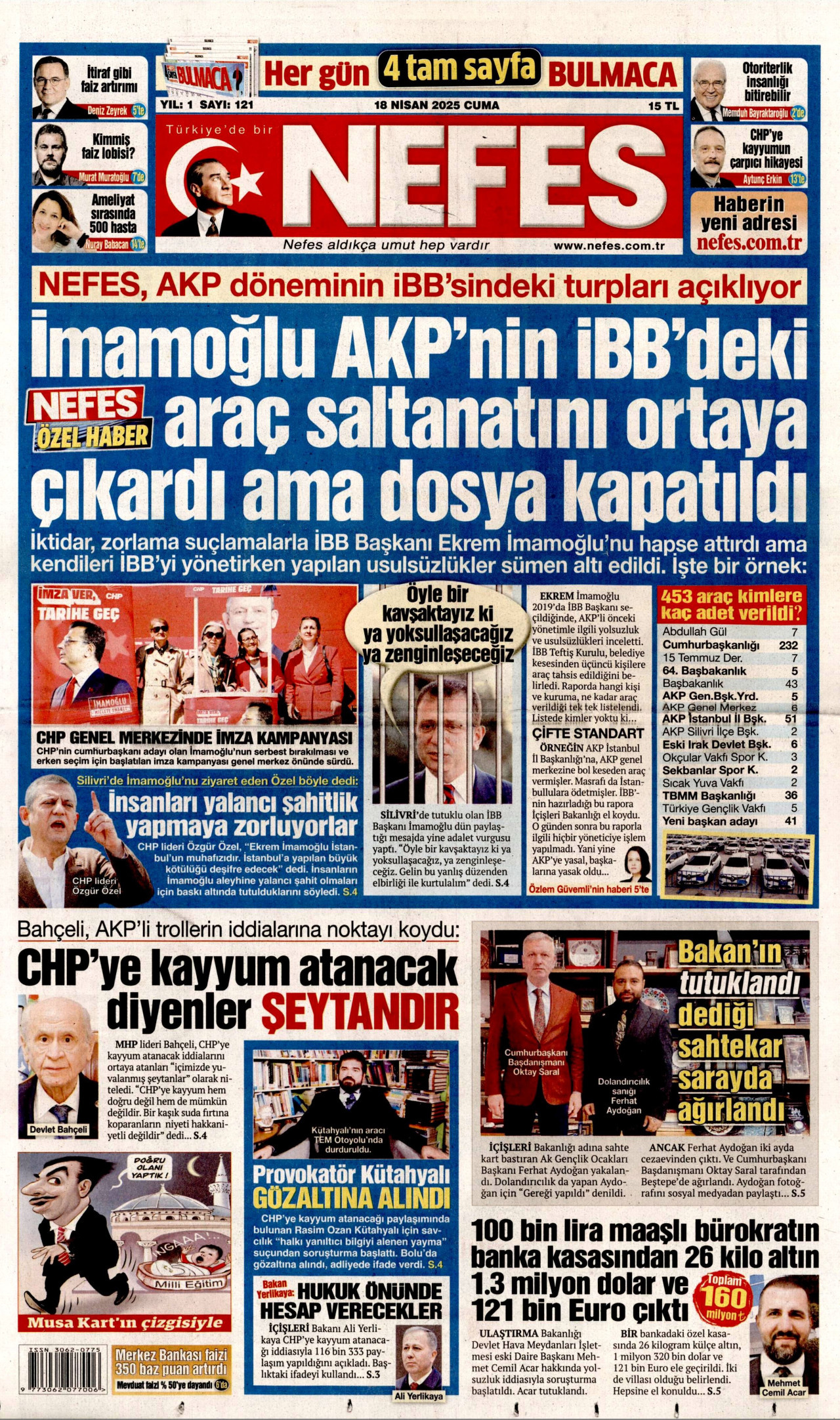 NEFES gazetesinin 18 Nisan 2025 tarihli birinci sayfası