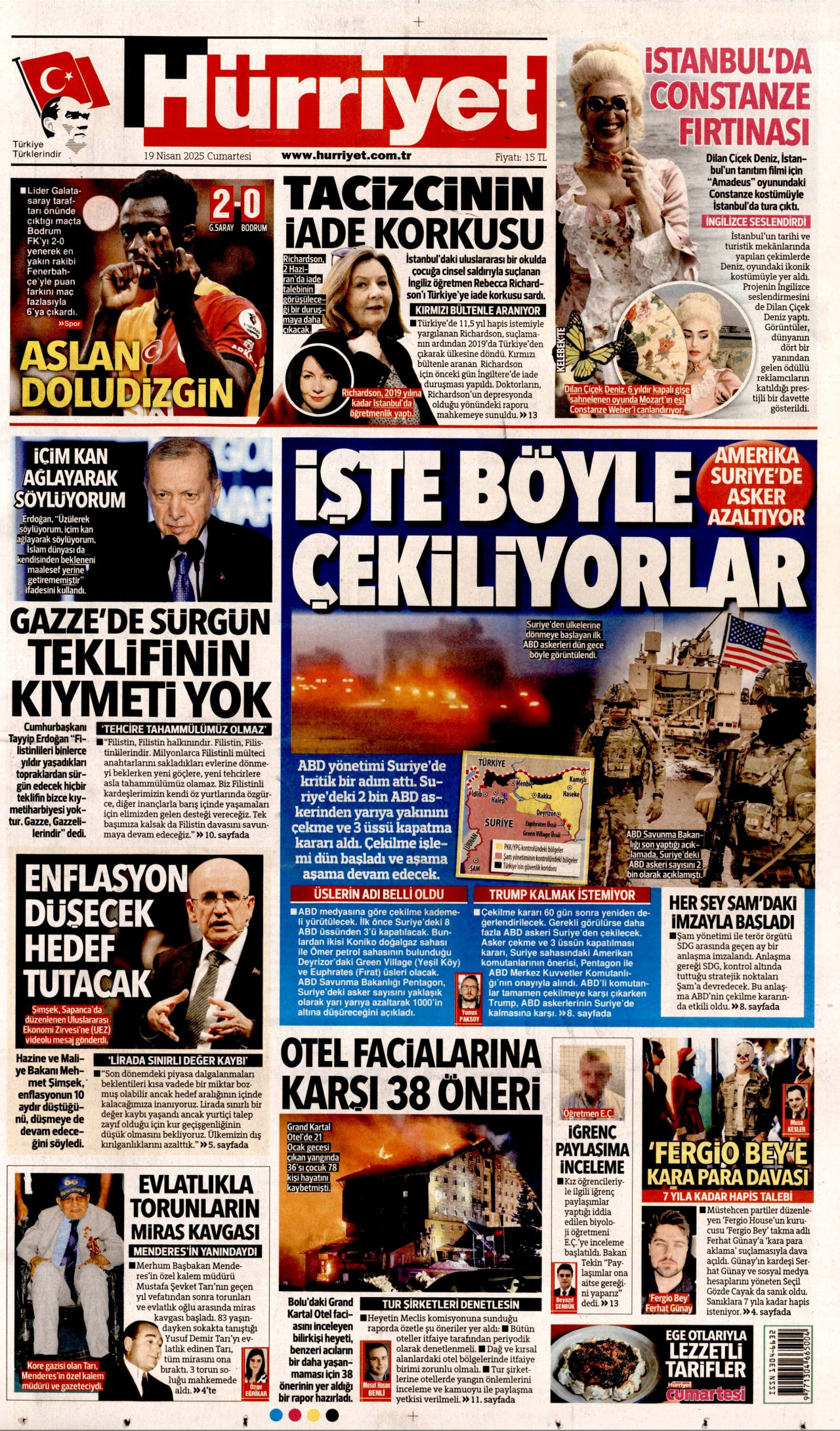 HÜRRİYET gazetesinin 19 Nisan 2025 tarihli birinci sayfası