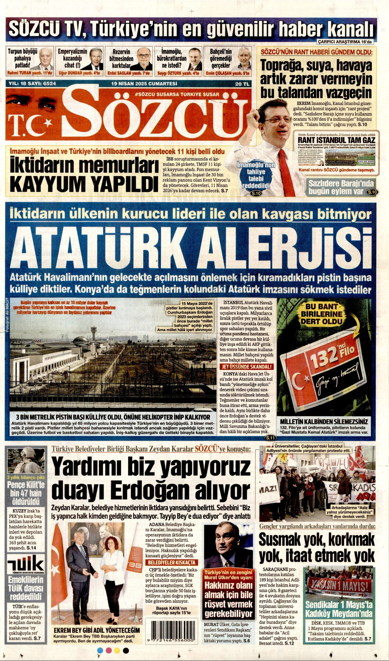 SÖZCÜ gazetesinin 19 Nisan 2025 tarihli birinci sayfası
