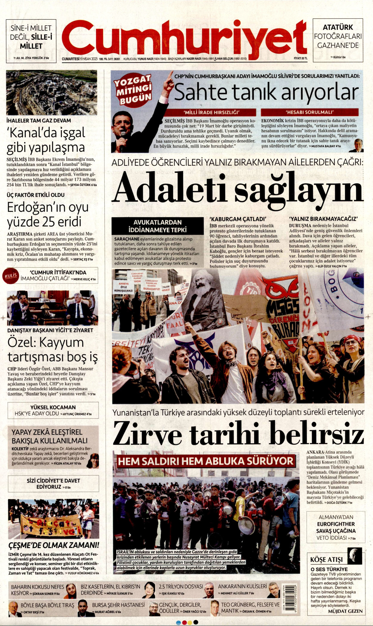 CUMHURİYET gazetesinin 19 Nisan 2025 tarihli birinci sayfası
