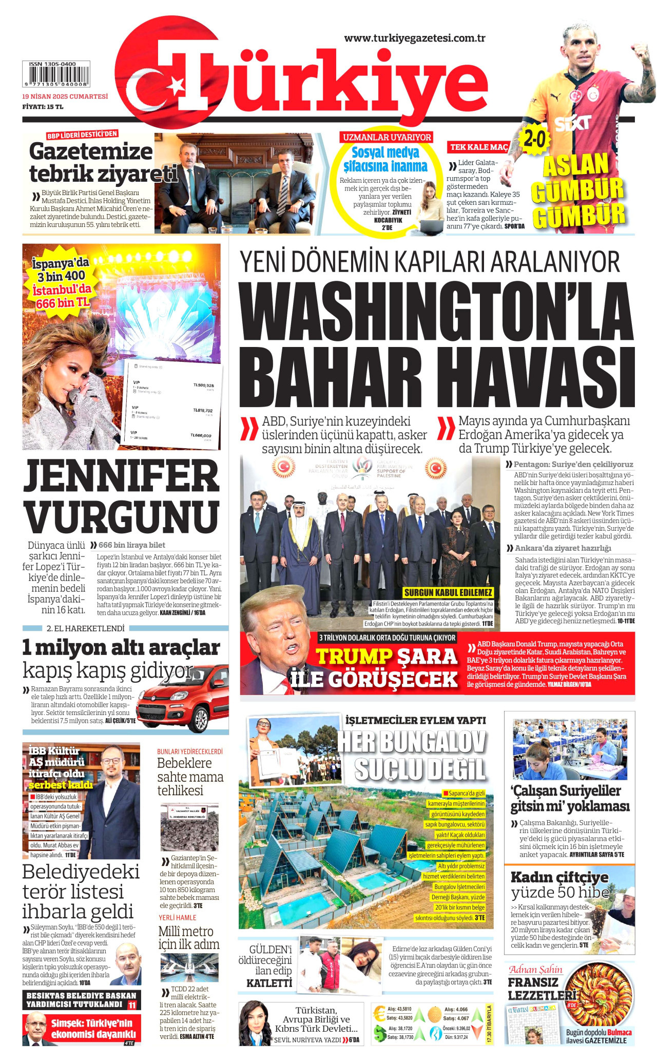 TÜRKİYE GAZETESİ gazetesinin 19 Nisan 2025 tarihli birinci sayfası