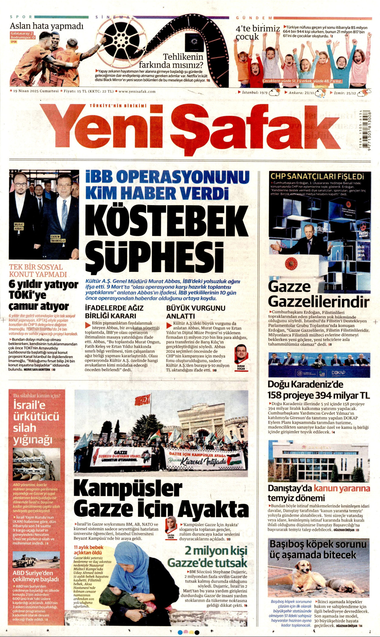 YENİ ŞAFAK gazetesinin 19 Nisan 2025 tarihli birinci sayfası