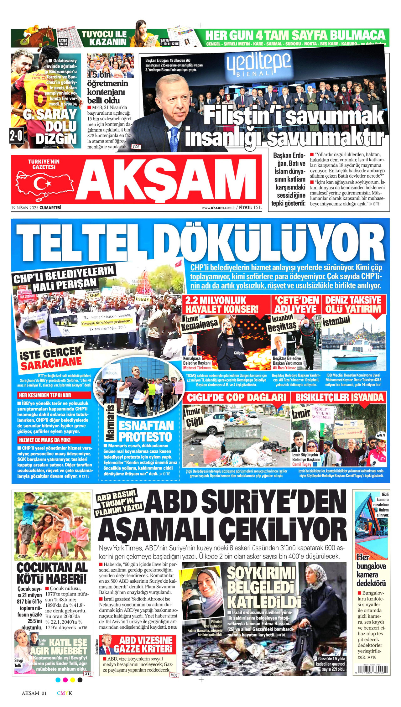 AKŞAM gazetesinin 19 Nisan 2025 tarihli birinci sayfası