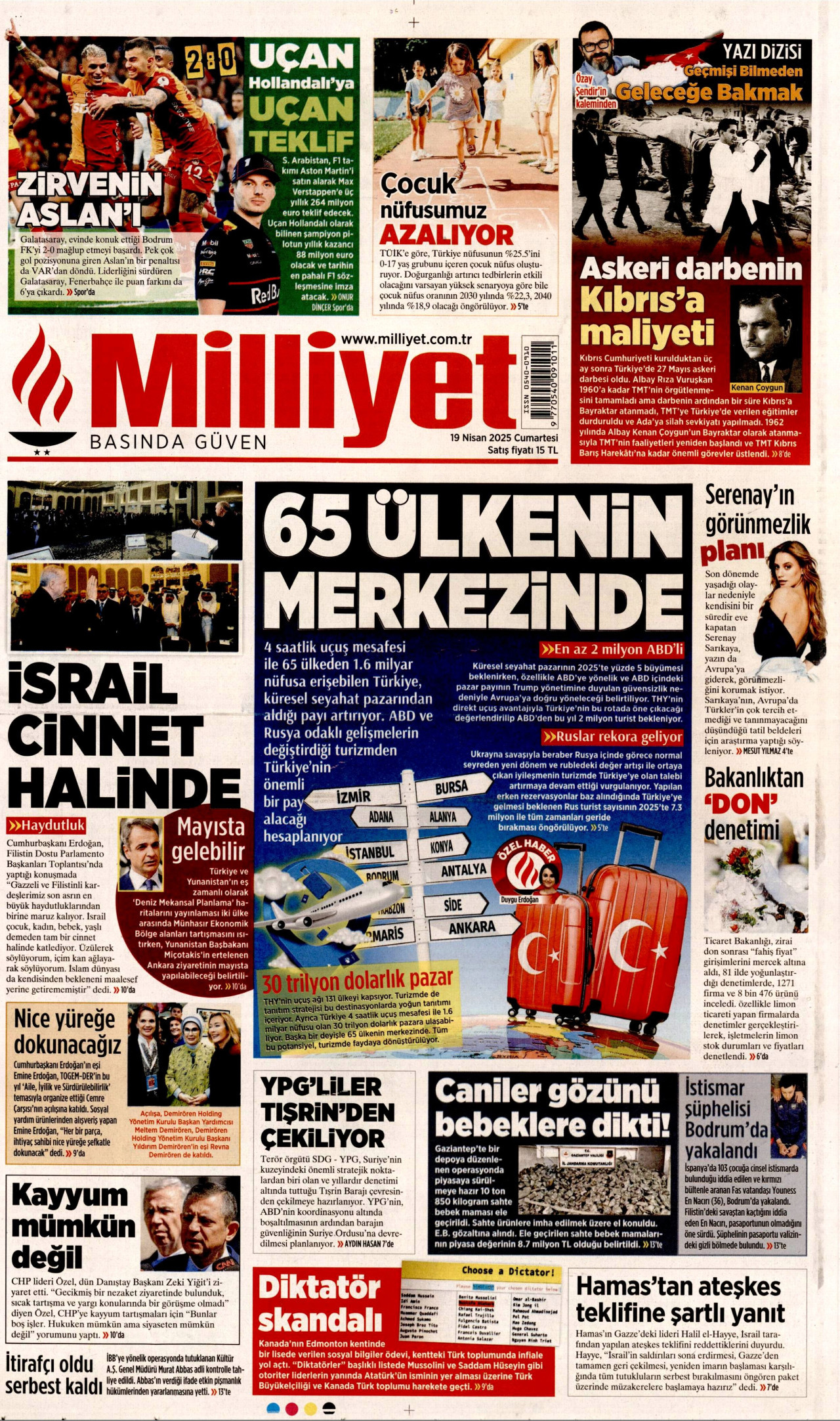 MİLLİYET gazetesinin 19 Nisan 2025 tarihli birinci sayfası