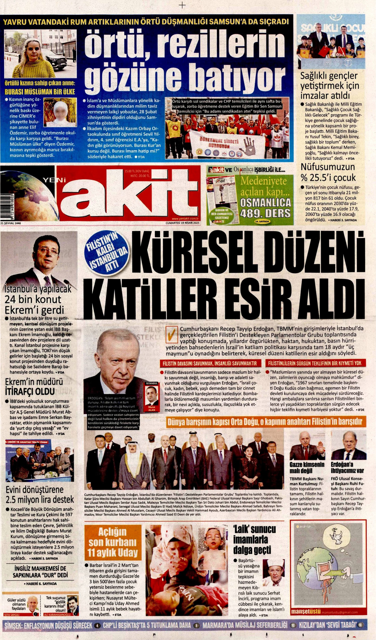 YENİ AKİT gazetesinin 19 Nisan 2025 tarihli birinci sayfası