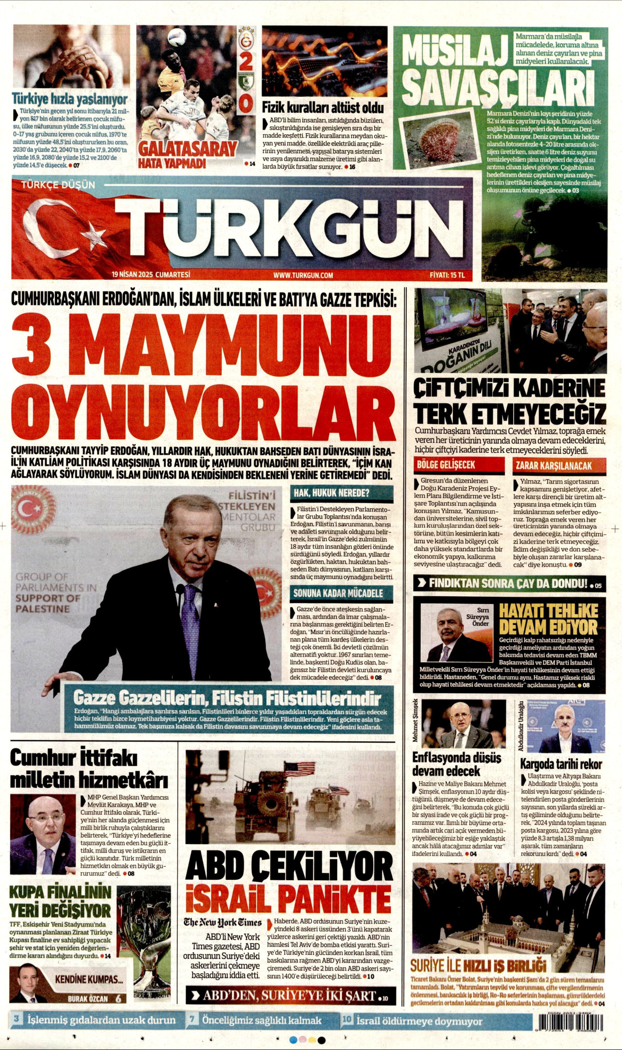 TÜRKGÜN gazetesinin 19 Nisan 2025 tarihli birinci sayfası