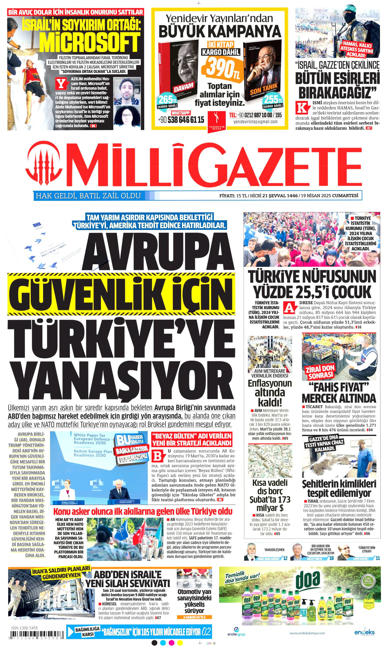 MİLLİ GAZETE gazetesinin 19 Nisan 2025 tarihli birinci sayfası