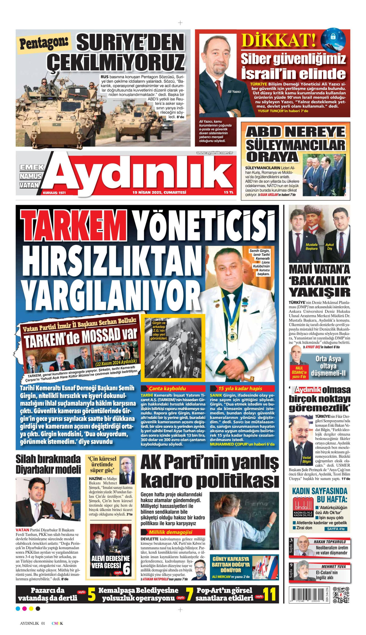 AYDINLIK GAZETESİ gazetesinin 19 Nisan 2025 tarihli birinci sayfası