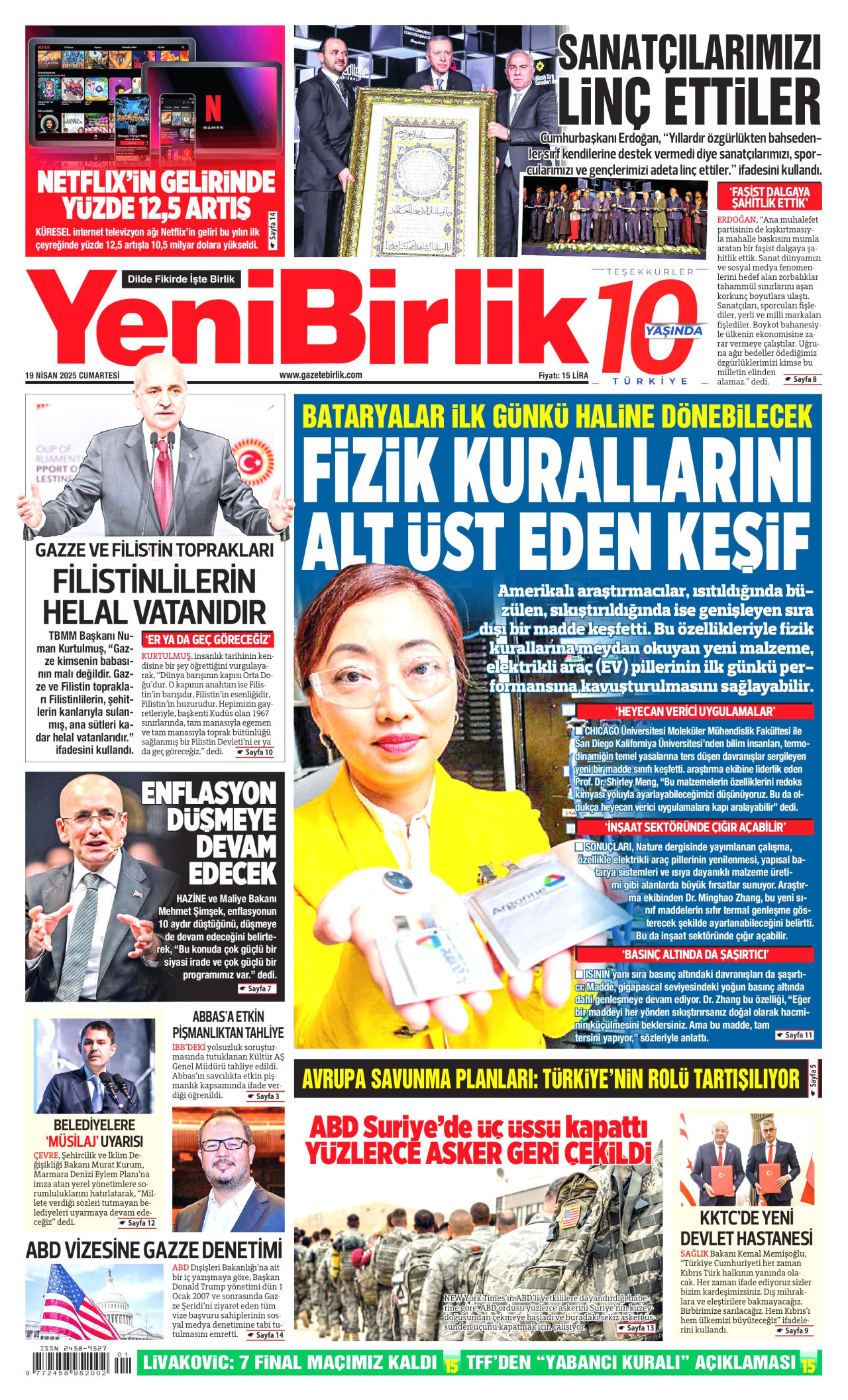 YENİBİRLİK gazetesinin 19 Nisan 2025 tarihli birinci sayfası