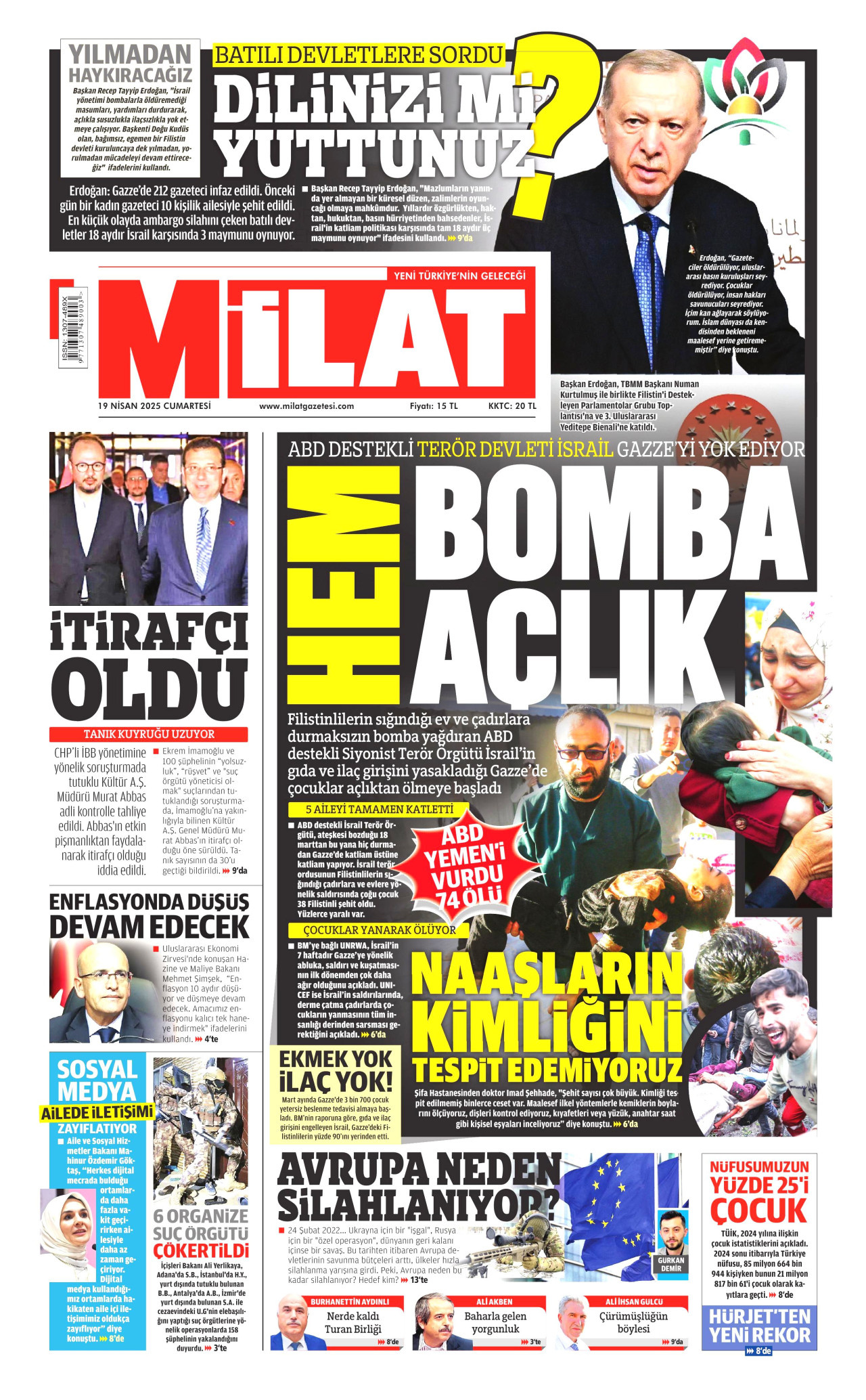 MİLAT gazetesinin 19 Nisan 2025 tarihli birinci sayfası