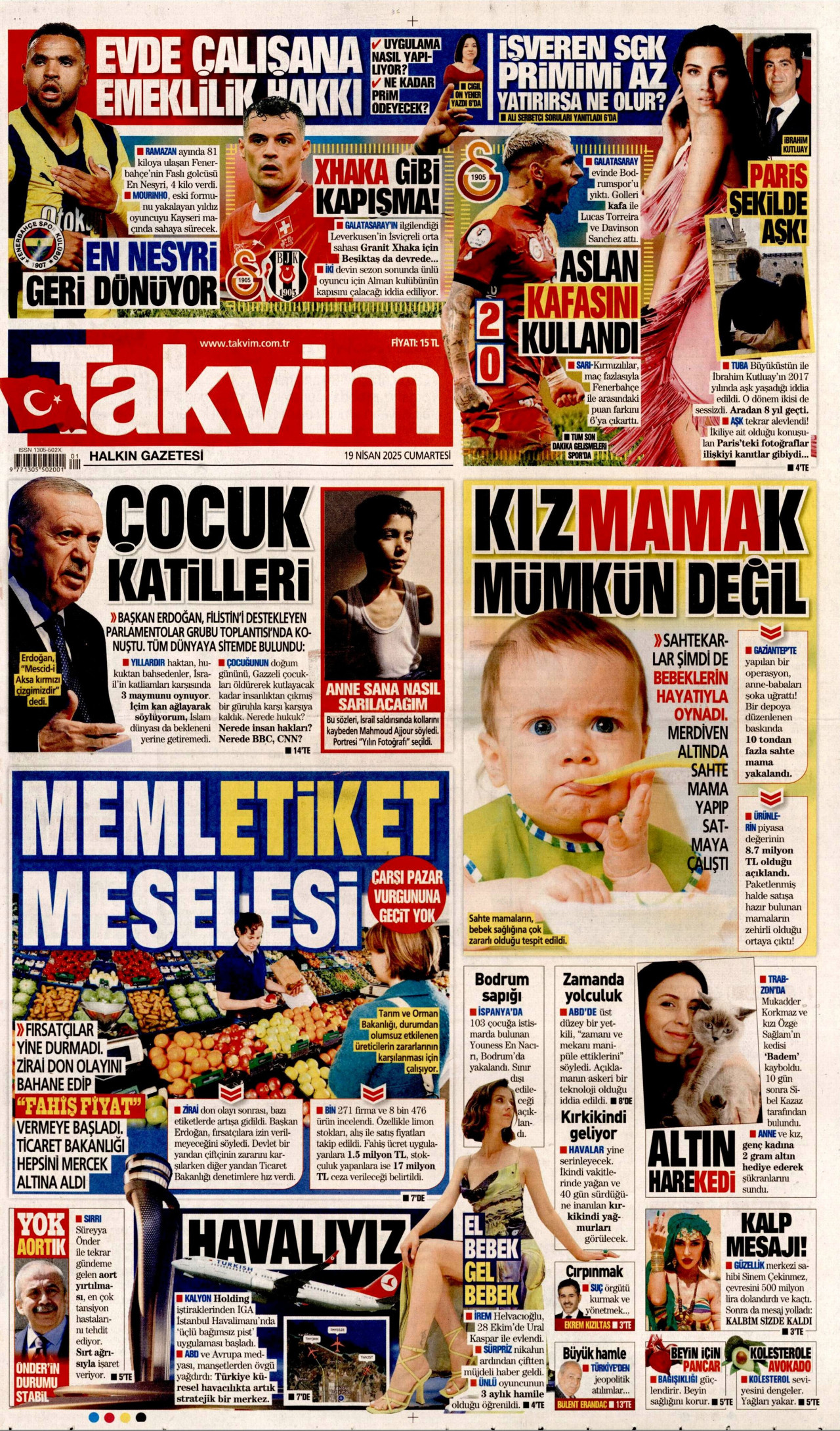 TAKVİM gazetesinin 19 Nisan 2025 tarihli birinci sayfası