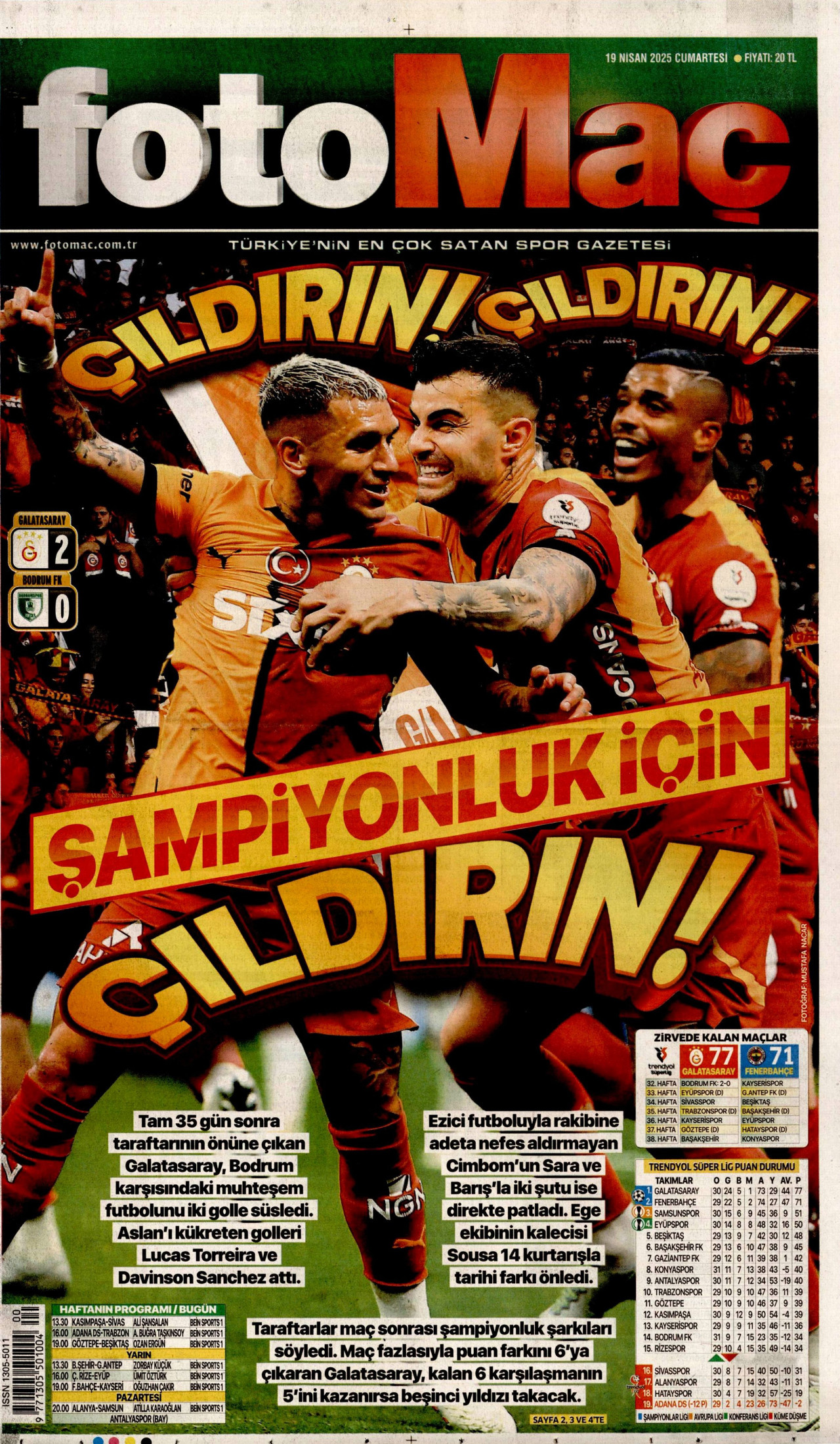 FOTOMAÇ gazetesinin 19 Nisan 2025 tarihli birinci sayfası