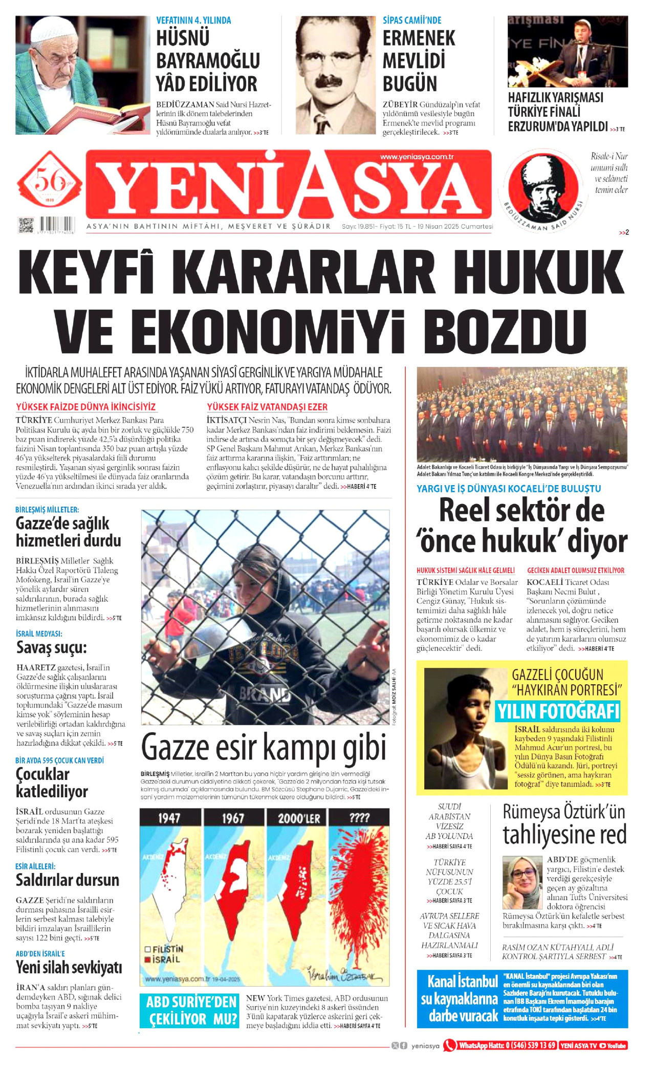 YENİ ASYA gazetesinin 19 Nisan 2025 tarihli birinci sayfası