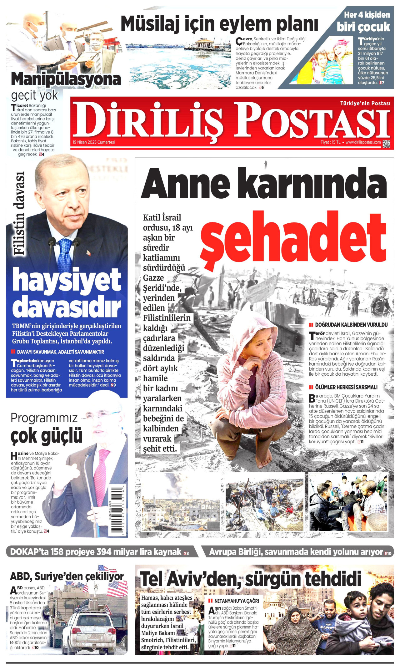DİRİLİŞ POSTASI gazetesinin 19 Nisan 2025 tarihli birinci sayfası