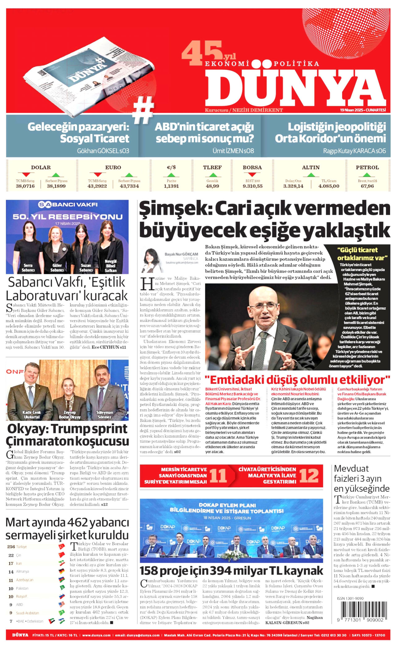 DÜNYA gazetesinin 19 Nisan 2025 tarihli birinci sayfası