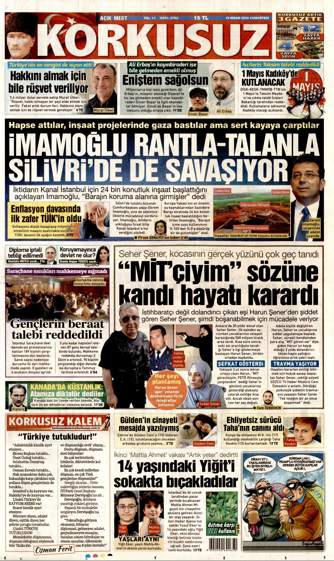 KORKUSUZ gazetesinin 19 Nisan 2025 tarihli birinci sayfası